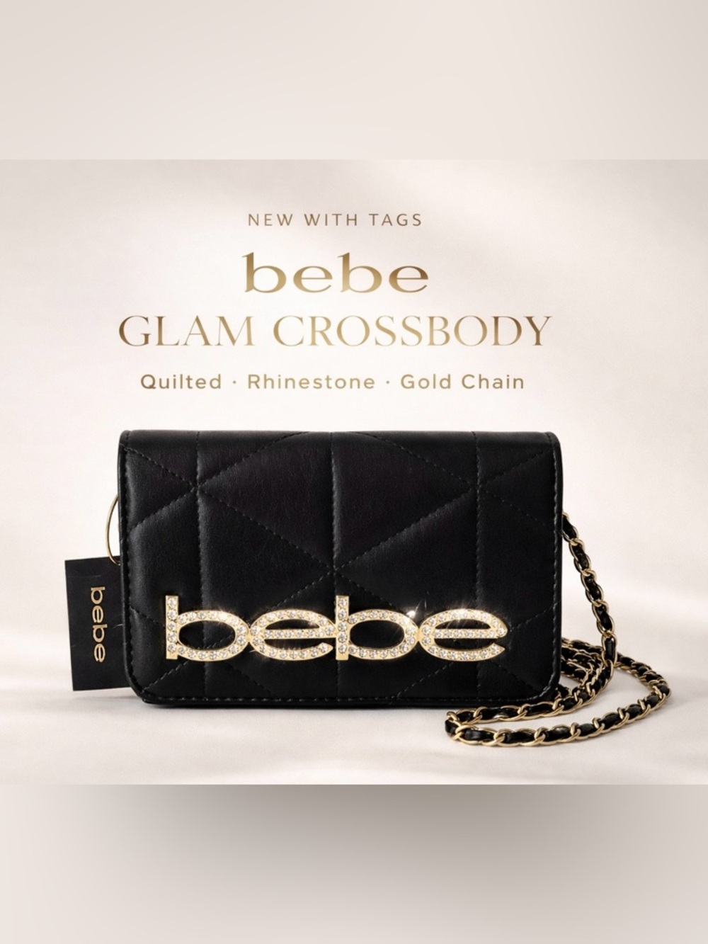 Bebe Black Quilted Crossbody Bag | Gold 💎 Logo | NWT Glam Chain Strap 🖤💛 - Picture 2 of 5